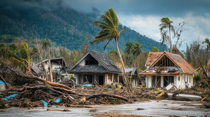 Hurricane damage in a seaside town, with trees uprooted and houses destroyed, disaster relief teams on-site