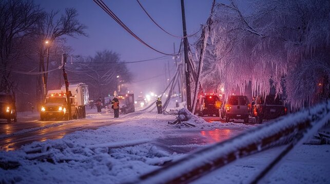 Ice storm paralyzing a city, with downed power lines and roads blocked by ice, emergency crews working to restore order