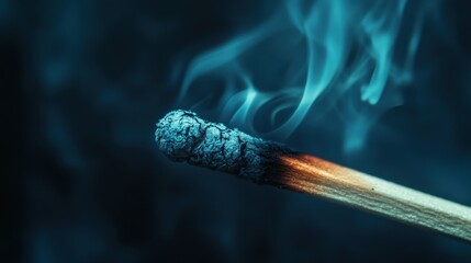 Macro shot of an unlit matchstick with smoke on dark background. Generative AI.