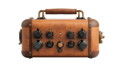 A vintage-style radio with leather accents, showcasing multiple knobs and dials for tuning and adjusting settings, blending classic design with functional gadgetry.