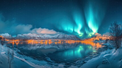 Naklejka premium Beautiful Northern Lights aurora of the Nordic nature at night.