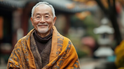 Fototapeta premium Smiling elderly Asian man wearing a shawl in a serene temple courtyard