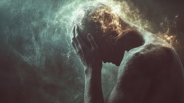A person clutches their head, overwhelmed by a profound sense of anguish.