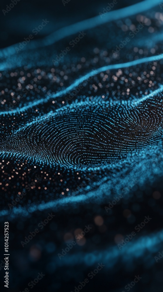Poster dynamic blue digital waves with glowing particles, futuristic technology concept