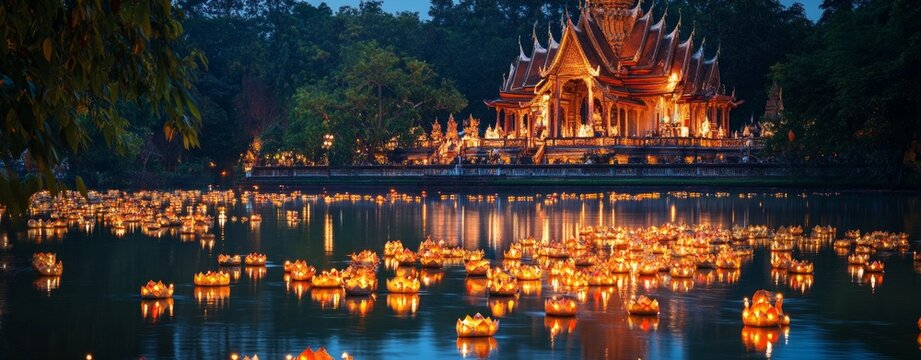 A traditional Thai temple illuminated by lanterns, with a river full of Krathongs in the foreground