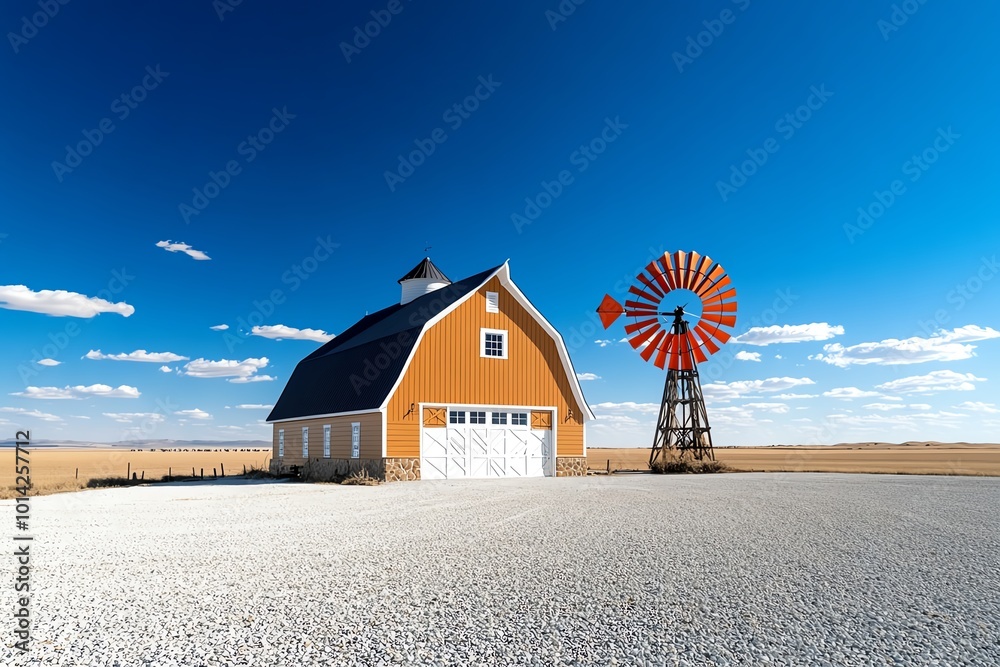 Poster minimalist image of a barn and windmill, with clean lines and an open sky, capturing the simplicity 