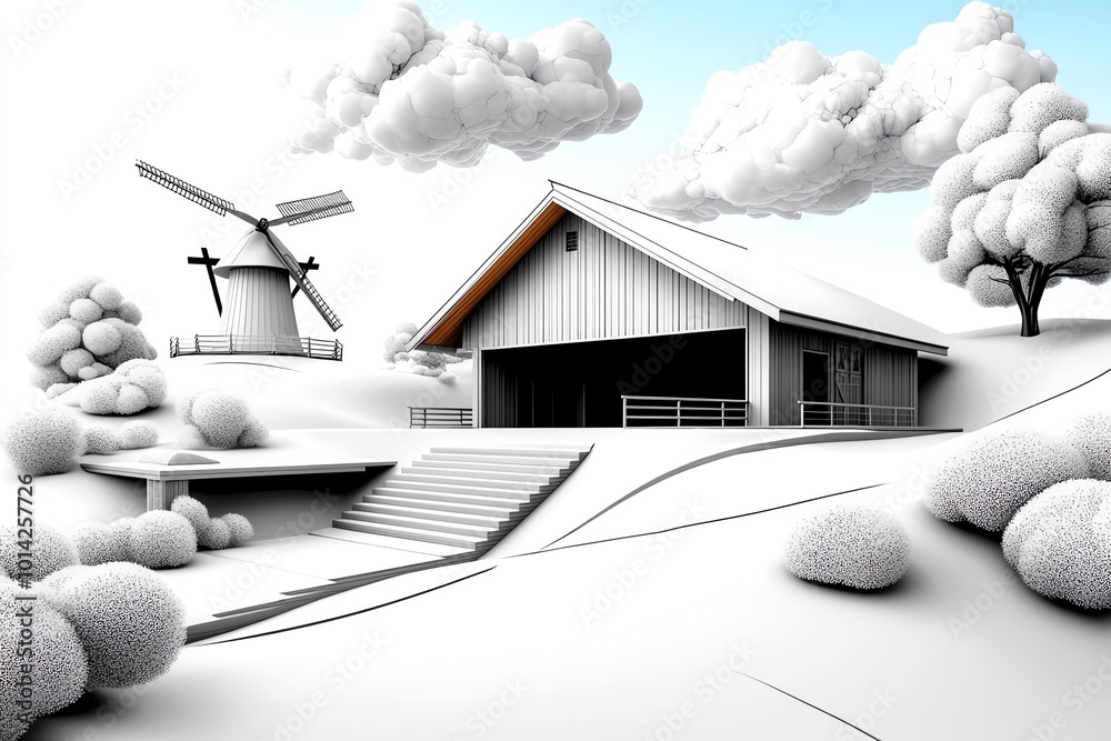 Poster Minimalist image of a barn and windmill, with clean lines and an open sky, capturing the simplicity of rural life