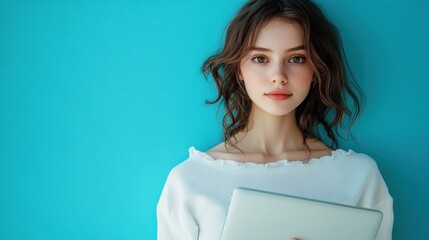 Photo portrait of attractive young woman hold netbook hold empty space dressed stylish white clothes isolated on blue color background