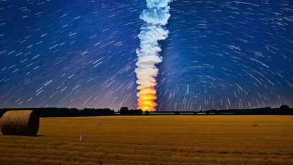 celestial beauty Comet glows night sky haystacks insummer agricultural field timelapse video captures stunning stars aboverural landscape ideal astronomy enthusiasts vertical motion - Powered by Adobe