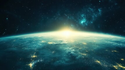 Fototapeta premium Panoramic view on planet Earth globe from space. Glowing city lights, light clouds. Generative AI