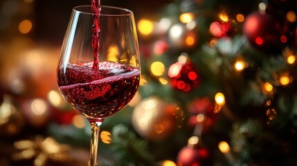 Red wine pouring into wineglass, closeup. decorated christmas tree and lights background