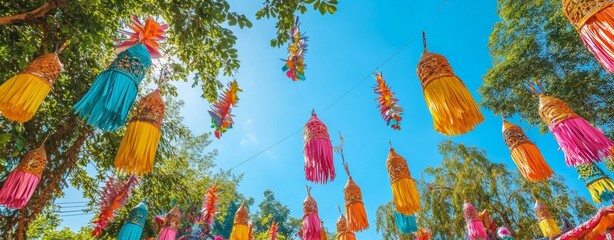 Colorful festival decorations hanging from trees during Pompgli Festival, with the backdrop of a clear blue sky,