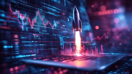 Digital Startup Launch: Rocket Taking Off From Laptop Screen