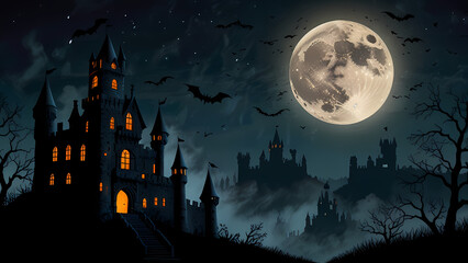 a silhouette of a haunted castle set against a large, glowing full moon in a dark night sky for Halloween Background