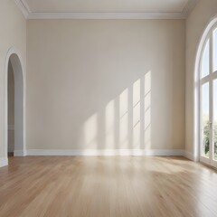 An unfurnished and empty beige living room, empty room with wooden floor