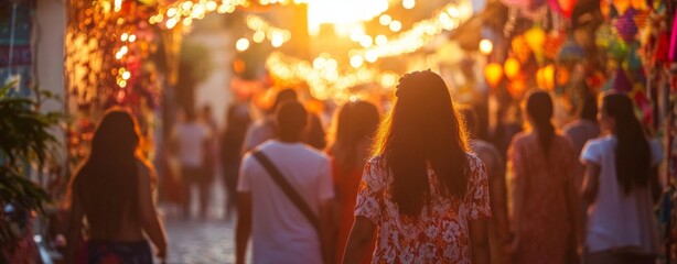 Festival-goers in traditional attire walking through a narrow street lined with handmade decorations