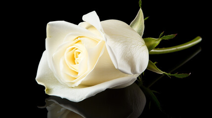 Close-up of a single white rose on a black background, symbolizing mourning and remembrance,...