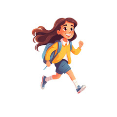 A cheerful girl running with pink shoes and a yellow backpack is suitable for lifestyle, travel, education, outdoor, and active themes. Generative AI