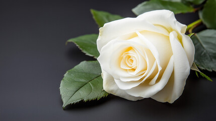 Close-up of a single white rose on a black background, symbolizing mourning and remembrance,...