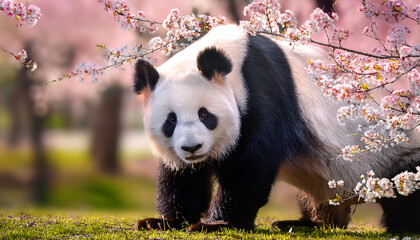 Obraz premium panda in a spring park with blooming cherry blossoms