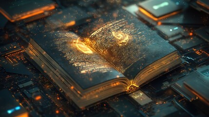 Open book with glowing pages on a circuit board.