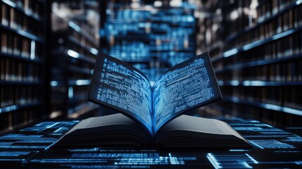 Open book with glowing blue code pages against blurred bookshelf background.