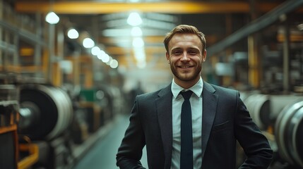 Fototapeta premium Smiling businessman standing in factory