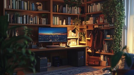 Fototapeta premium Home Office with Bookshelves and Cityscape