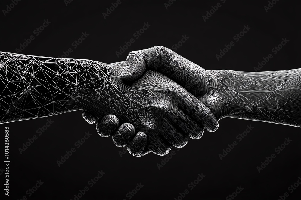 Poster minimalist scene of a handshake, representing a business deal meeting expectations, drawn in clean l