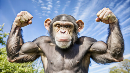Fototapeta premium A chimpanzee proudly shows off his biceps in the open air.