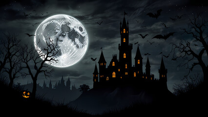 Fototapeta premium a silhouette of a haunted castle set against a large, glowing full moon in a dark night sky for Halloween Background