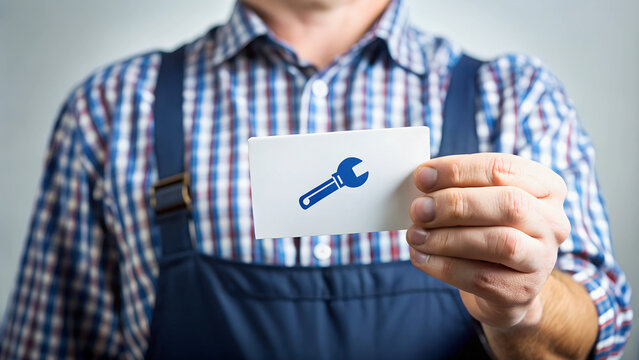 A detail shot of a business card held by a plumber ready to work.