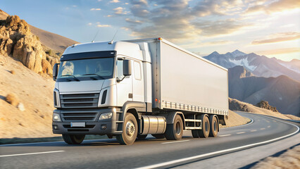 A truck moves along a winding mountain road among picturesque landscapes.