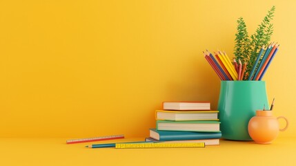 A vibrant yellow background features stacked books, a colorful pot of pencils, and a small vase, creating a cheerful and creative workspace.