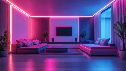 Cyber living room with neon light and reflections, futuristic interior designed with high technology and luxury style.