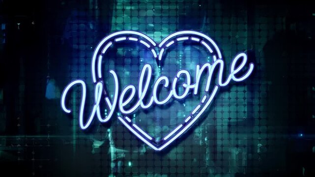 A blue neon sign shaped like a heart with the word "Welcome" written in a cursive font against a digitally-generated background.
