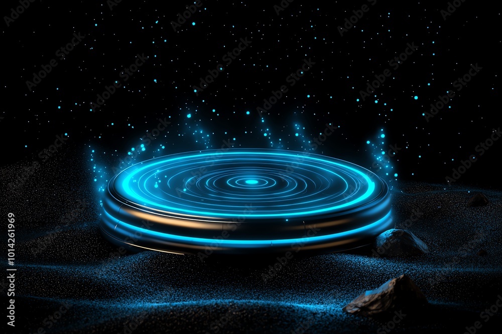 Poster minimalist warp drive design with simple glowing concentric circles and faint energy beams