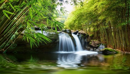 Tranquil waterfall in a bamboo forest
