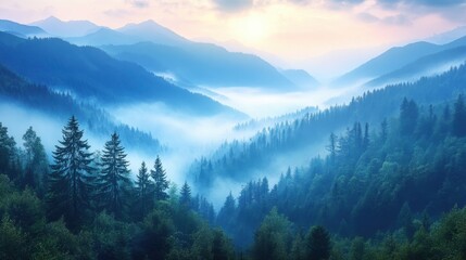 Misty blue mountains at dawn with soft light over forested hills