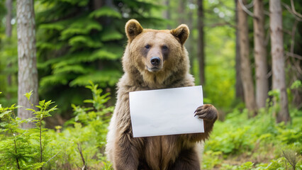 Fototapeta premium Forest landscape, bear against the background of the forest holding a white sheet of paper with space for text.