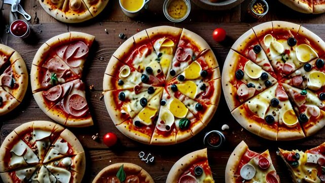 Top view large table of assorted pizza