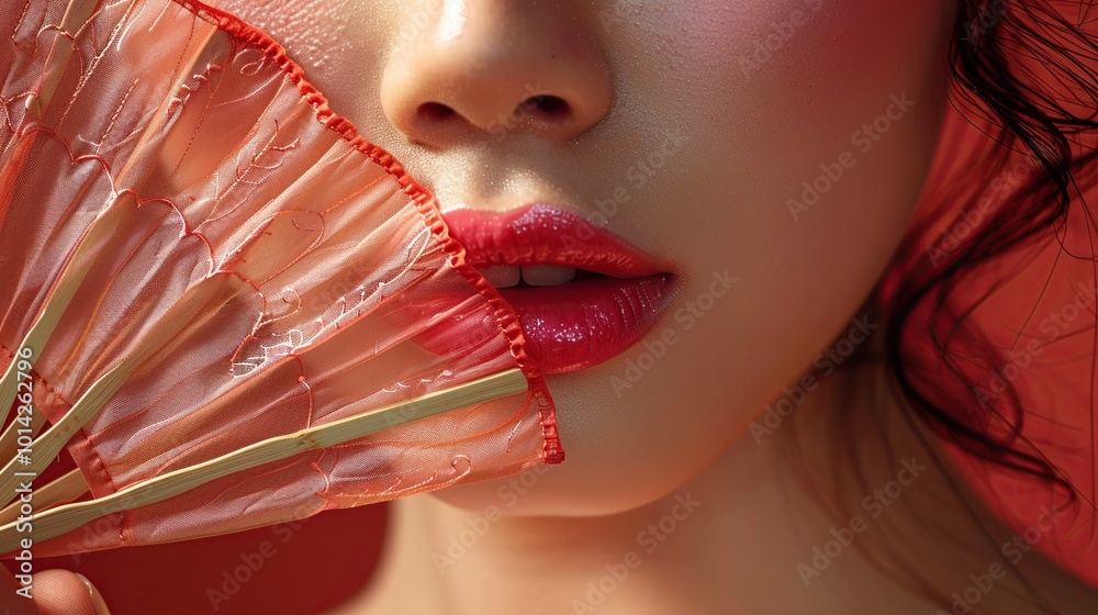 Wall mural close-up portrait of a beautiful young asian woman with red fan.