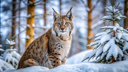 Portrait of a lynx sitting gracefully in the winter taiga, among snowy trees.