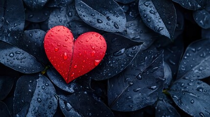 Obraz premium Red Heart on Wet Leaves