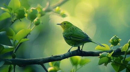 Obraz premium Serene Green Bird Perched on a Branch Amidst a Blurred Nature Background