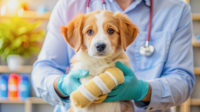 Portrait of a cute sad puppy with a bandaged paw in the caring hands of a veterinarian.