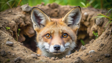 Fototapeta premium The fox looks out from its hole cautiously, showing interest in the world around it.