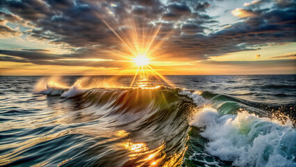 The sun's rays penetrate the clouds, illuminating the ocean waves.