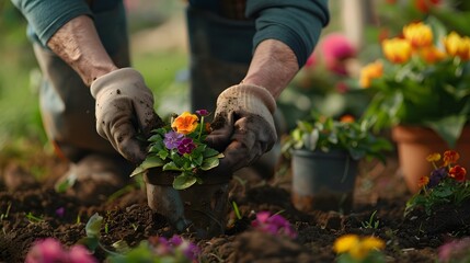 Fototapeta premium Gardener Planting Flowers by Hand in Pots for Home and Garden Care