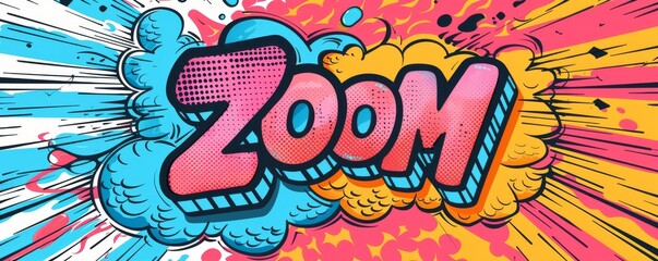 Fun pop art background with "ZOOM" text. Dynamic patterns, Bold graphics, Colorful vector
